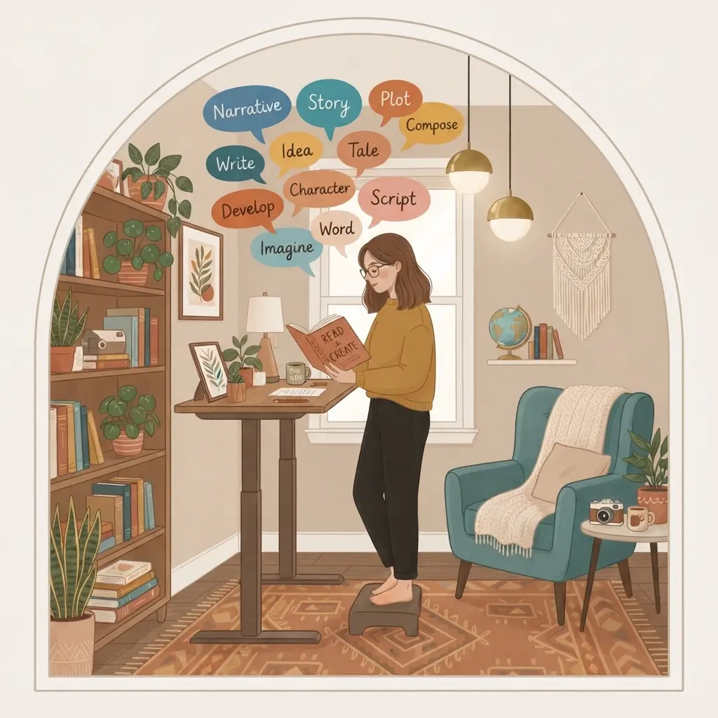 Illustration of a woman surrounded by story and idea word bubbles, symbolizing the creative process behind SimilarWordings