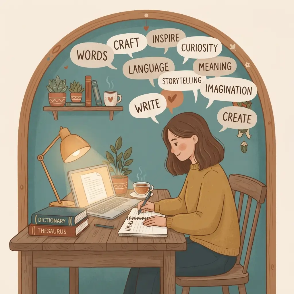 Illustration of a writer at her desk surrounded by word bubbles, representing the story behind SimilarWordings