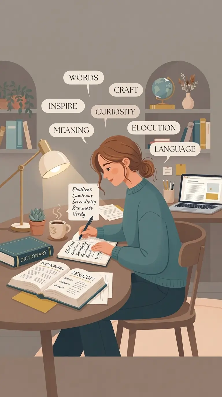 Illustration of a writer working with word lists and open dictionaries, representing the story behind SynonymKit