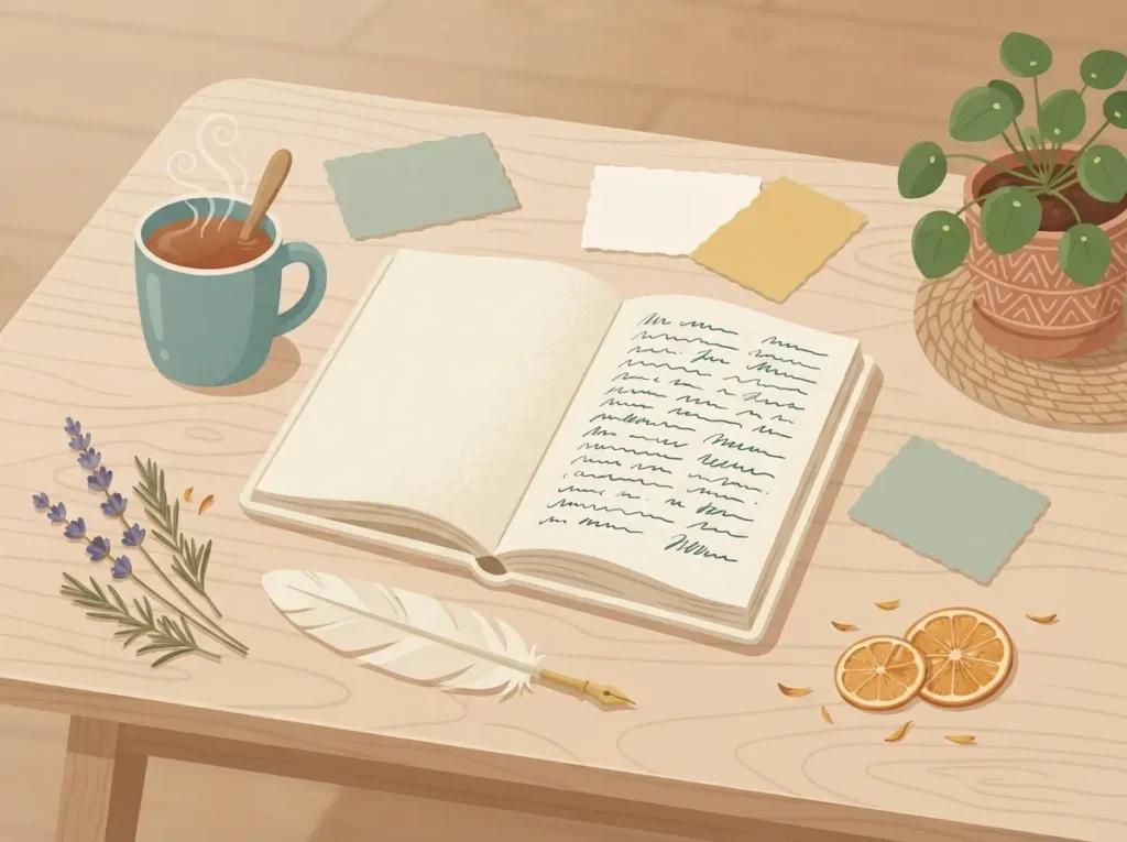Flat lay illustration of a notebook, tea, and word cards representing SynonymKit's free subscriber resources